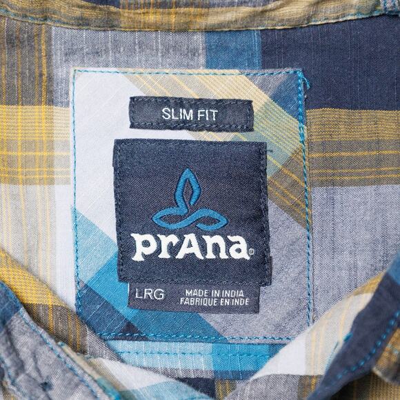 Prana Benton Blue Yellow Plaid Slim Fit Short Sleeve Button Down Shirt Mens L - Picture 3 of 13